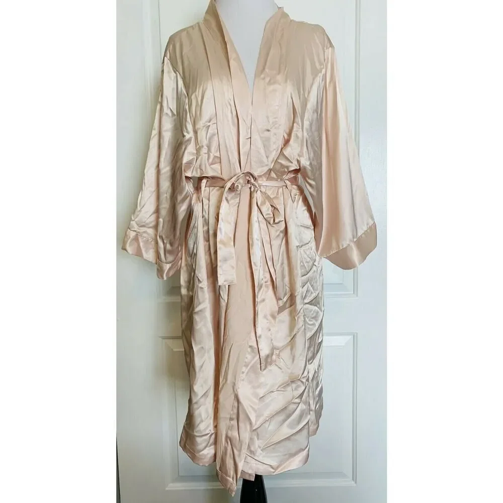 Light Pink Silky Satin Robe Rhinestone Bridesmaid NEW 3/4 Sleeve Wedding L/XL